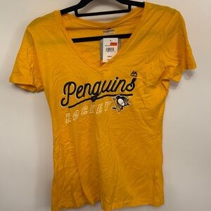 Pittsburgh Penguins Hockey Women’s Gold and Black Fitted Short Sleeve Tee V Neck